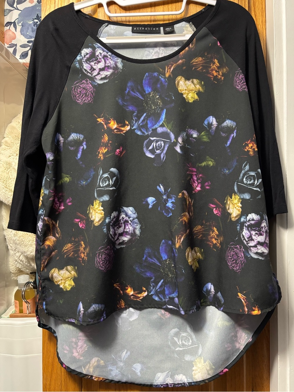 attention Black Floral Raglan Three-Quarter Sleeve Top